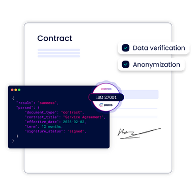 A digital contract document with data verification and anonymization features displayed.