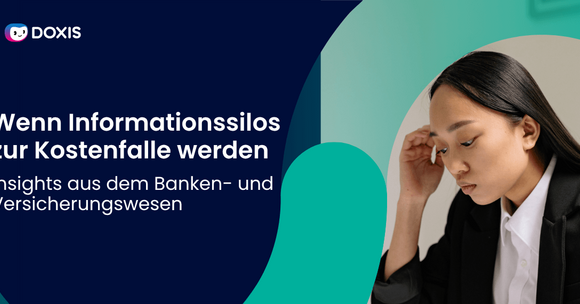 Eine Frau im Blazer wirkt nachdenklich, vor einem dunklen Hintergrund mit deutschem Text über Informationssilos und Erkenntnisse.