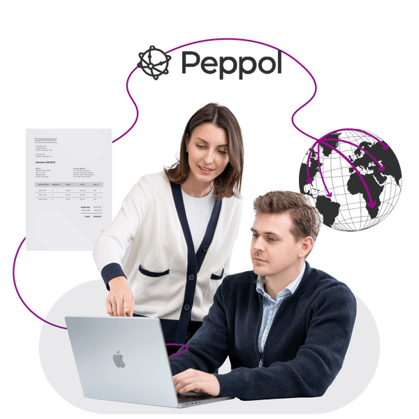 Two professionals discussing an invoice while using a laptop, with Peppol logo above.