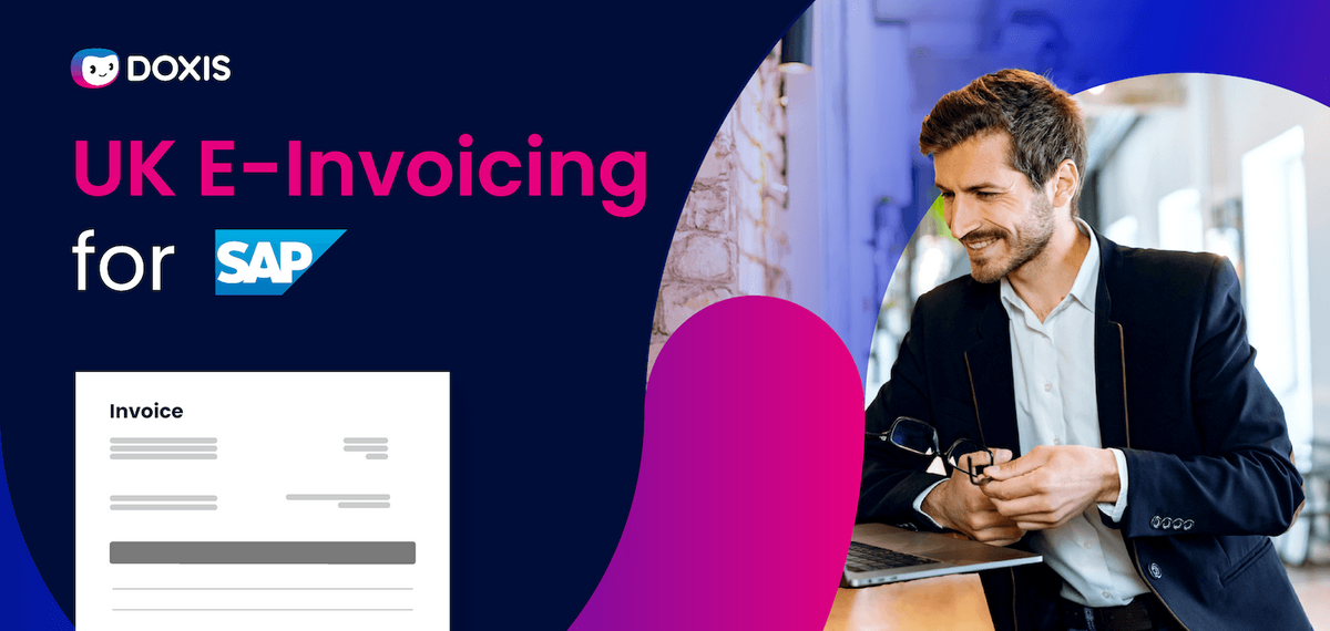 Man smiling while working on a laptop, showcasing UK E-Invoicing for SAP.