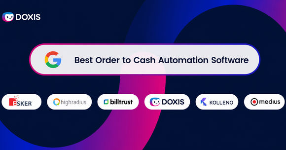 Graphic showcasing Doxis as best order to cash automation software, featuring various brand logos.