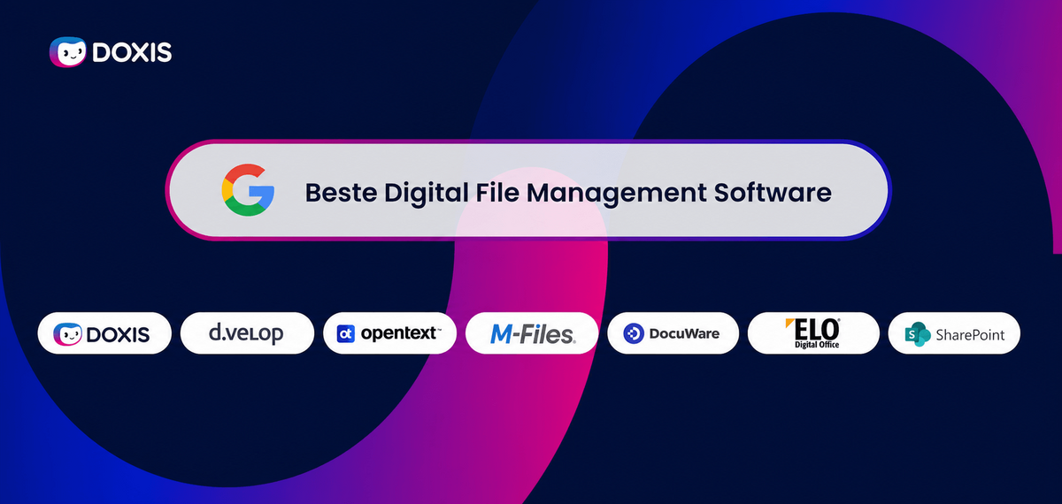 Grafik zur Förderung von Software für digitales Dateimanagement mit Logos und Text.