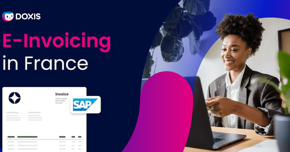 A woman smiling while working on a laptop, with an invoice graphic and SAP logo.