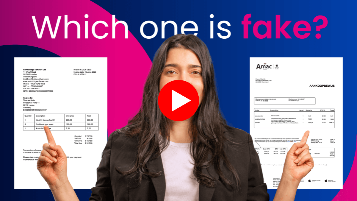 A woman questions which of two invoices is fake, pointing at them.