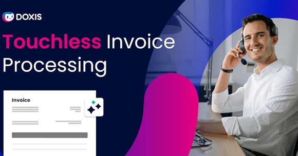 A smiling man on a headset promoting touchless invoice processing.