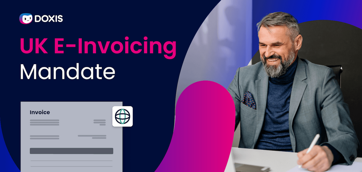 A smiling man in a suit discussing UK e-invoicing mandate with an invoice document.