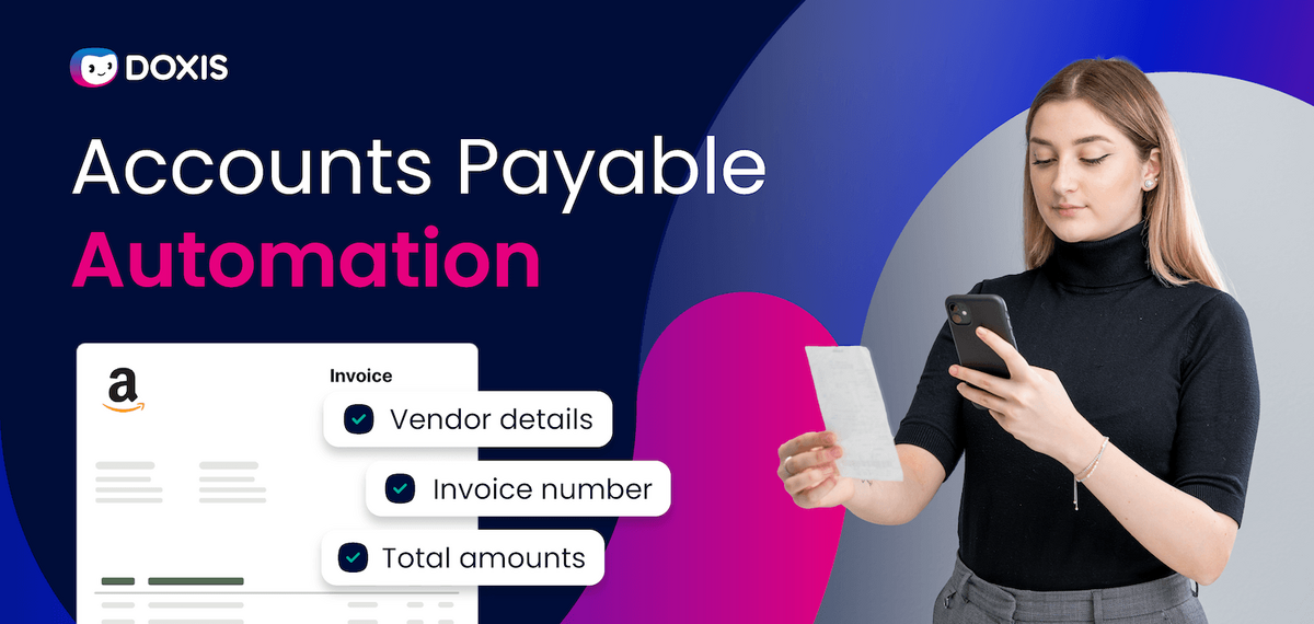 A woman using a smartphone while holding an invoice, promoting accounts payable automation.