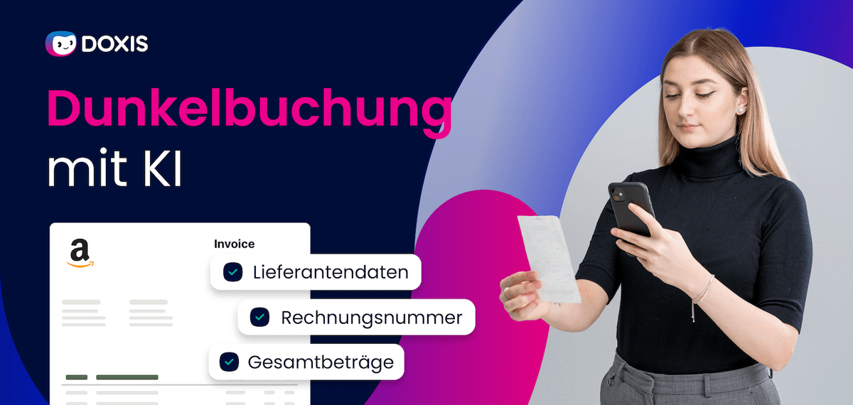 Eine Frau in einem schwarzen Rollkragenpullover hält ein Telefon und einen Beleg, mit einem bunten Hintergrund und Text über KI-Rechnungsstellung.
