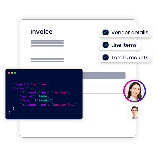 An invoice document with vendor details, line items, and total amounts displayed. Includes parsed data in a code window.