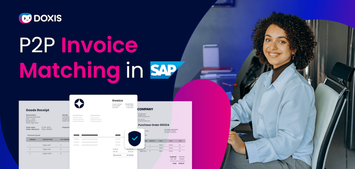 A smiling woman in a light blue shirt sits in an office, with invoices and a logo for P2P Invoice Matching in SAP.