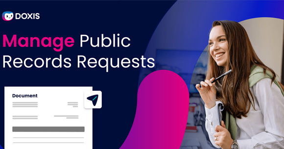 A woman smiling while managing public records requests with a document in hand.