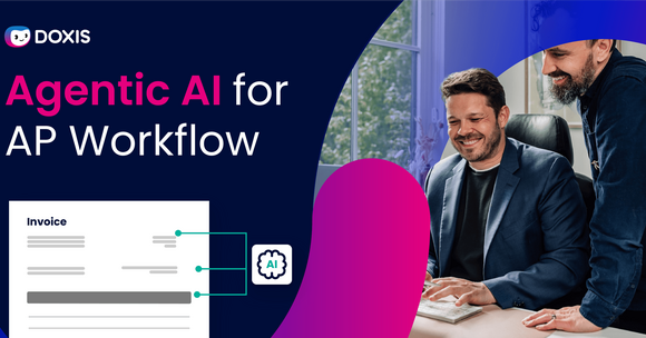 Two professionals collaborating on an AP workflow with an AI tool, featuring an invoice template.