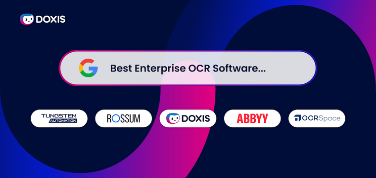 Grafik, die die besten OCR-Software für Unternehmen zeigt, einschließlich Doxis, Tungsten und ABBYY.