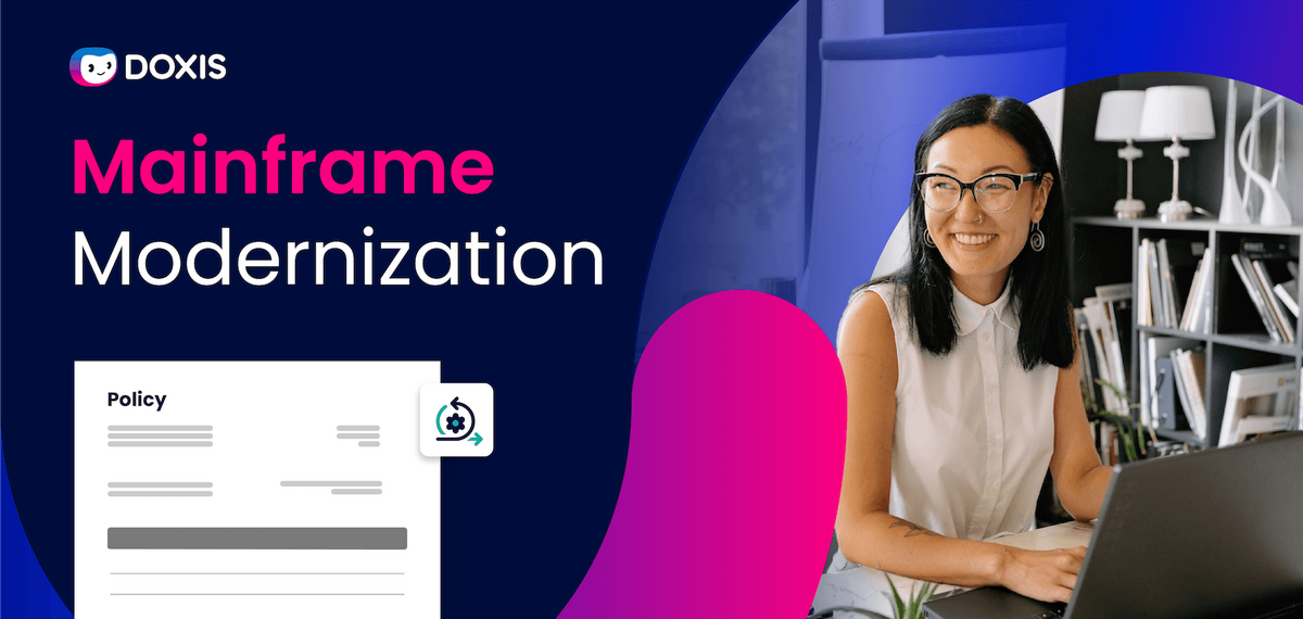 Smiling woman at a laptop with a policy document and modernization theme.