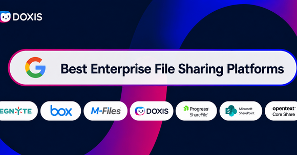 Graphic displaying top enterprise file sharing platforms with logos, featuring Google and Doxis.