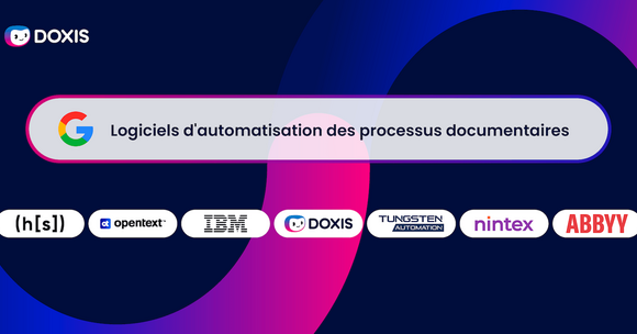 Graphique affichant des logos de logiciels d'automatisation avec un élément de marque Google et un texte français sur l'automatisation des processus documentaires.