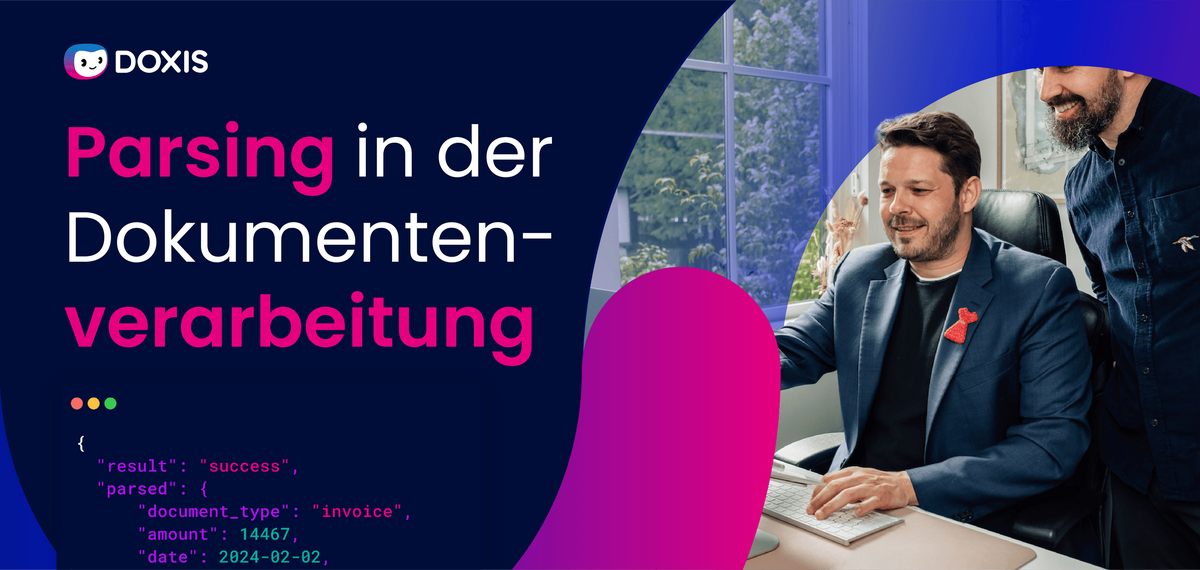Zwei Männer diskutieren über die Dokumentenverarbeitung mit einem Computer, mit Codierungselementen und lebendigem Design.