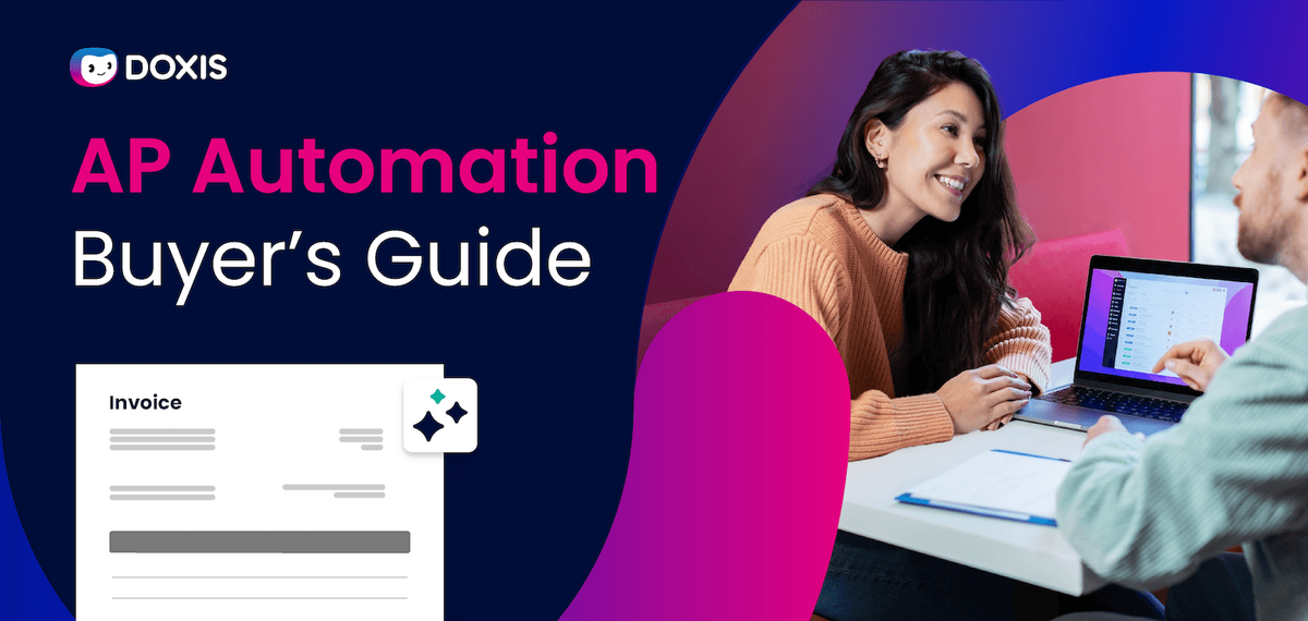 A woman and a man discuss an AP Automation Buyer's Guide while looking at a laptop.