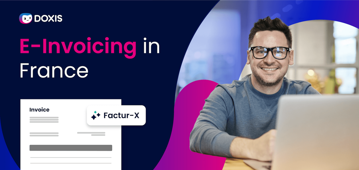 A man smiling at a laptop with an invoice graphic, promoting e-invoicing in France.