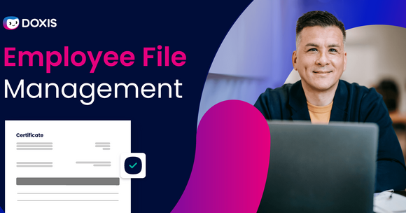 A man smiling at a laptop, with a document labeled 'Certificate' nearby, promoting employee file management.