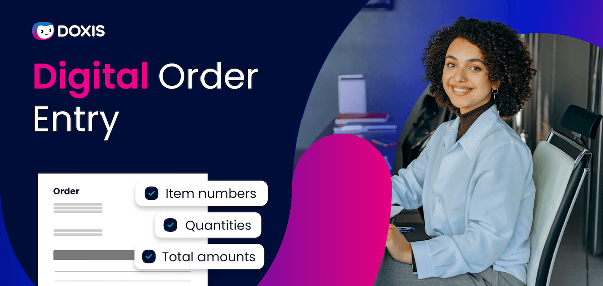 Smiling woman in a light blue shirt at a desk with digital order entry interface.