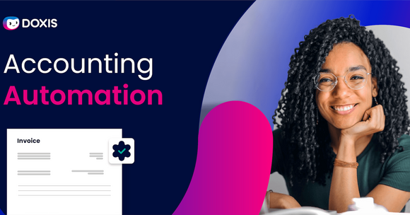 Smiling woman with curly hair, promoting accounting automation with an invoice graphic.