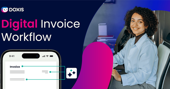 A woman with curly hair smiles while sitting at a desk, showcasing a digital invoice on her phone.