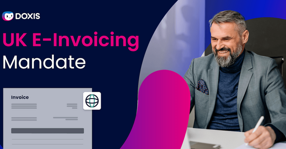 A smiling man in a suit discussing UK e-invoicing mandate with an invoice document.