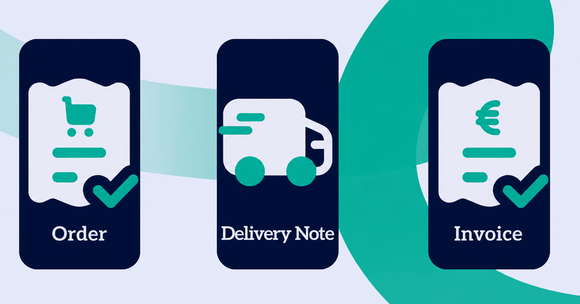 Icons representing order, delivery note, and invoice with checkmarks.