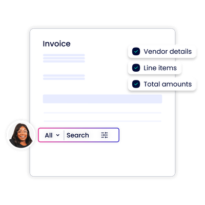 An invoice template displaying vendor details, line items, and total amounts with a search option.
