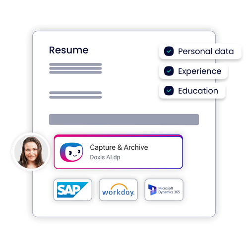 A digital resume layout showcasing personal data, experience, and education sections with logos of SAP, Workday, and Microsoft Dynamics.