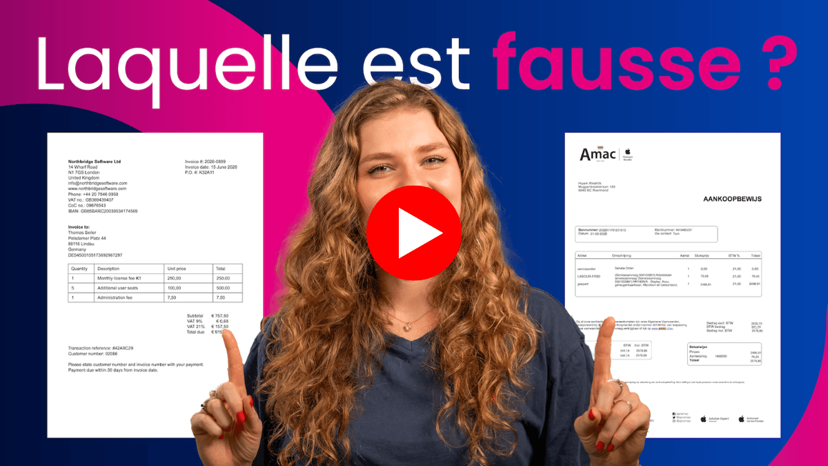 Une femme pointe des factures en demandant 'Laquelle est fausse?' avec un superposé de bouton de lecture.