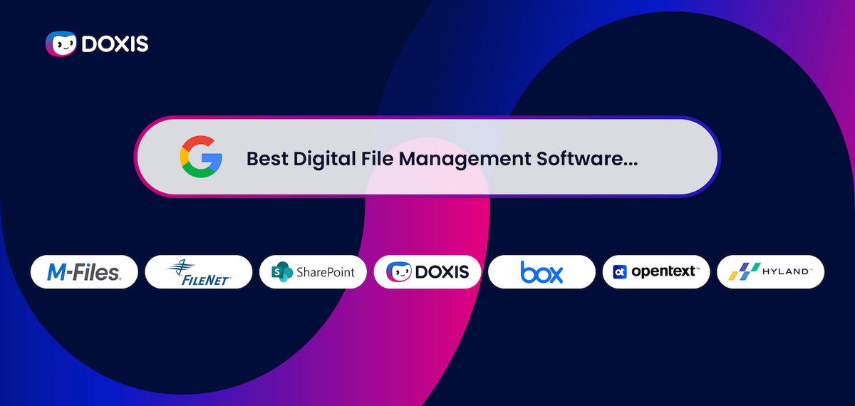 Graphic showcasing digital file management software options including Doxis, M-Files, and more.