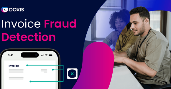 Two people collaborating on invoice fraud detection using a smartphone.