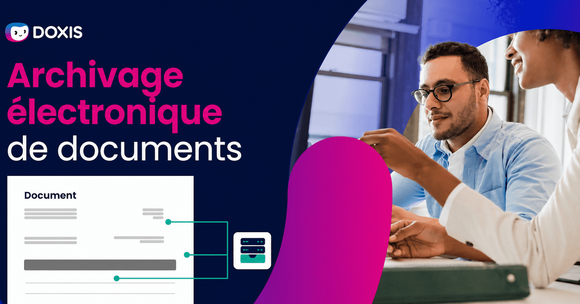 Deux personnes discutent de l'archivage électronique des documents avec une interface numérique en vue.
