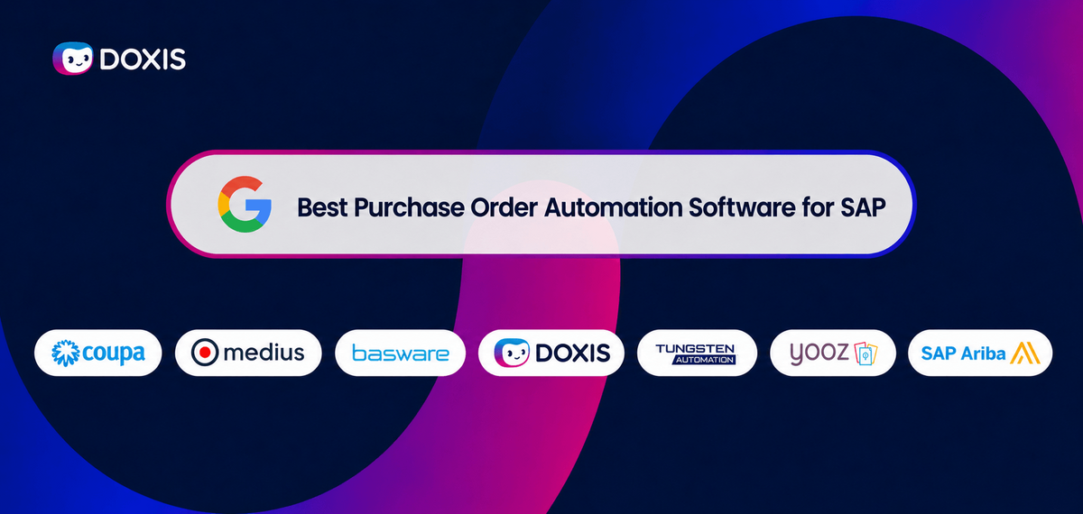 Graphic showcasing the best purchase order automation software for SAP with logos of various providers.