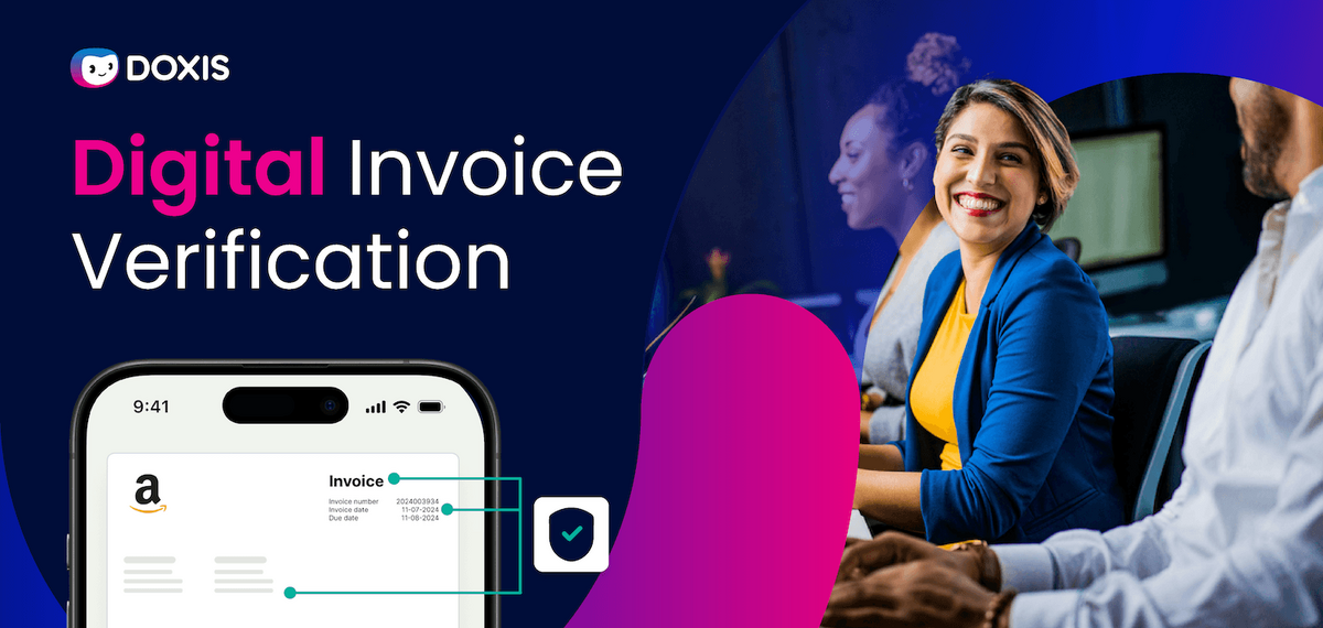 A smiling woman in a blue jacket at a digital invoice verification meeting, with an invoice displayed on a phone.
