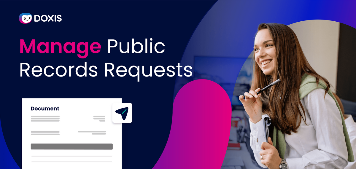 A woman smiling while managing public records requests with a document in hand.