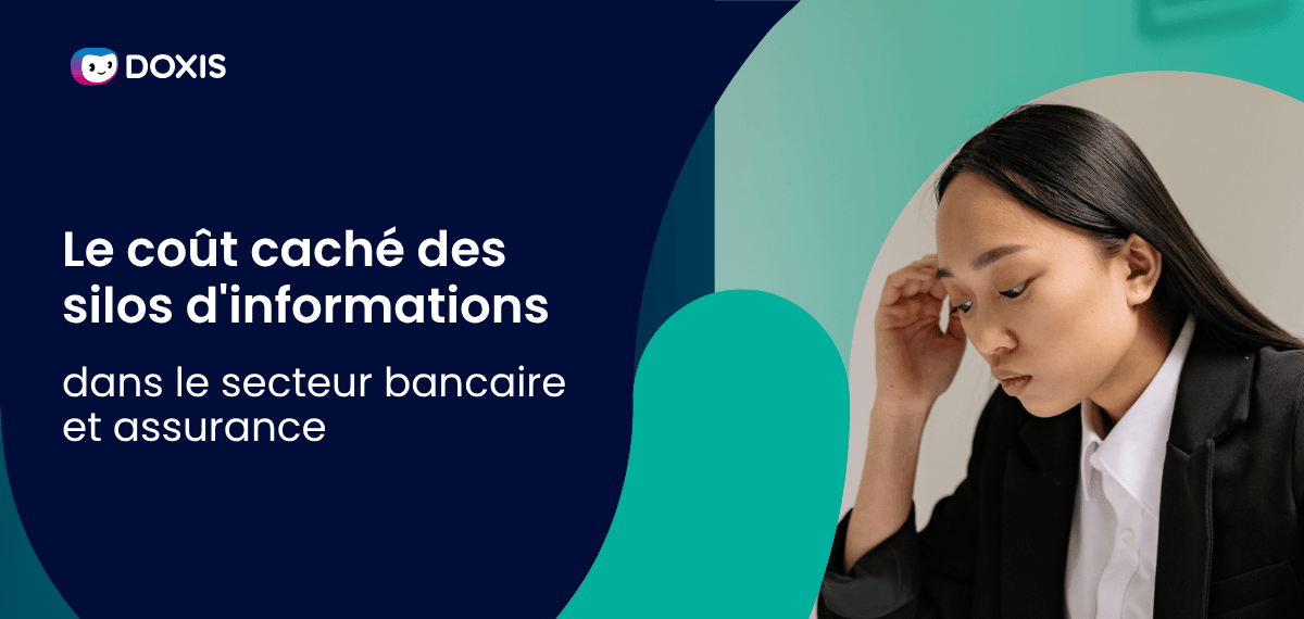 Une femme en costume regardant vers le bas, réfléchissant aux silos d'information dans les secteurs bancaire et des assurances.