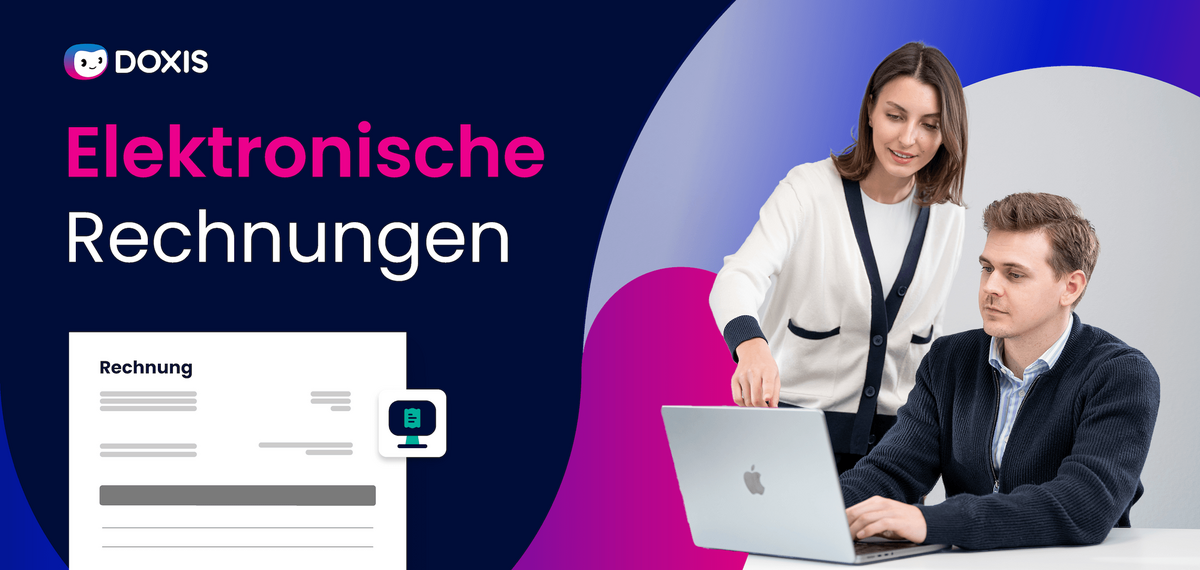 Eine Frau führt einen Mann, der einen Laptop benutzt, mit einer Grafik zur elektronischen Rechnung im Hintergrund.