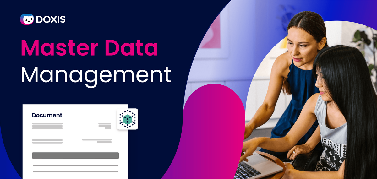 Two women collaborating on a laptop with a document and data management theme.