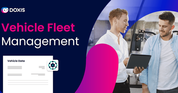 Two men discussing vehicle fleet management with a tablet and data sheet.