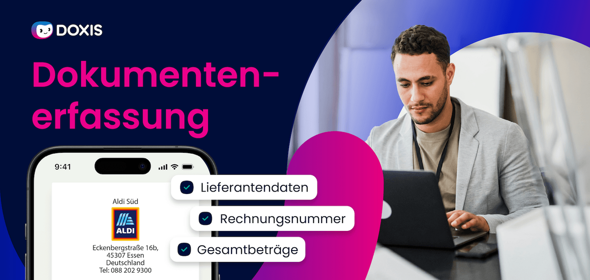Ein Mann arbeitet an einem Laptop mit einem mobilen Bildschirm, der Details zur Dokumentenerfassung anzeigt.