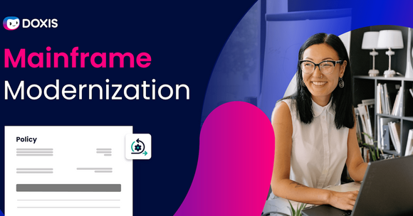 Smiling woman at a laptop with a policy document and modernization theme.