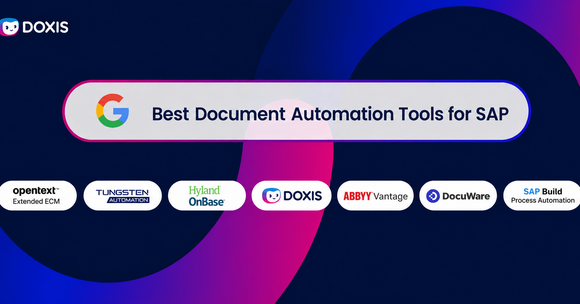Graphic showcasing the best document automation tools for SAP, featuring logos of various software providers.