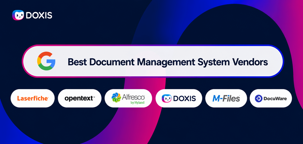 Graphic listing top document management system vendors including Doxis, Laserfiche, and M-Files.