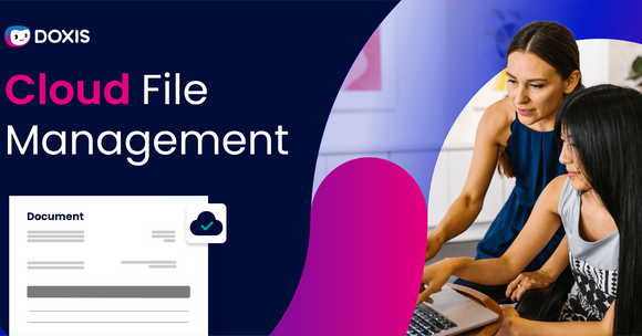 Two women collaborating on a laptop with a cloud file management graphic.
