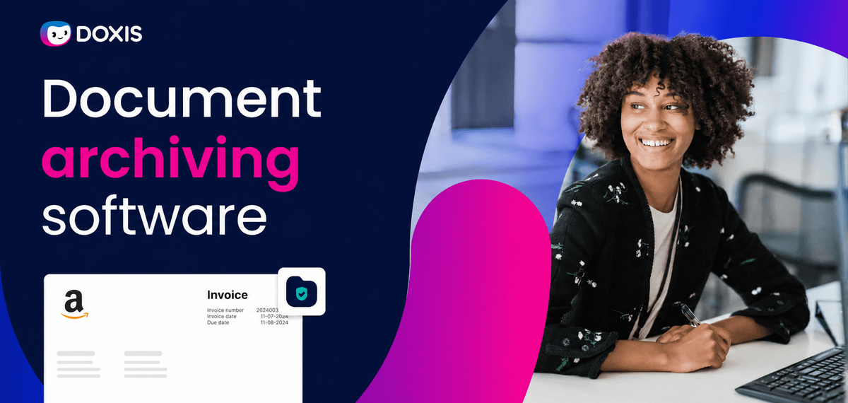 A smiling woman with curly hair using document archiving software at her desk.