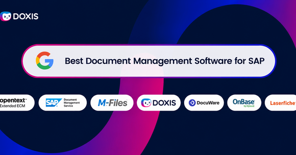 Graphic showcasing the best document management software for SAP with logos of various providers.