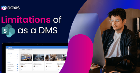 Un homme travaillant sur un ordinateur avec l'interface SharePoint visible, discutant des limitations de SharePoint en tant que DMS.